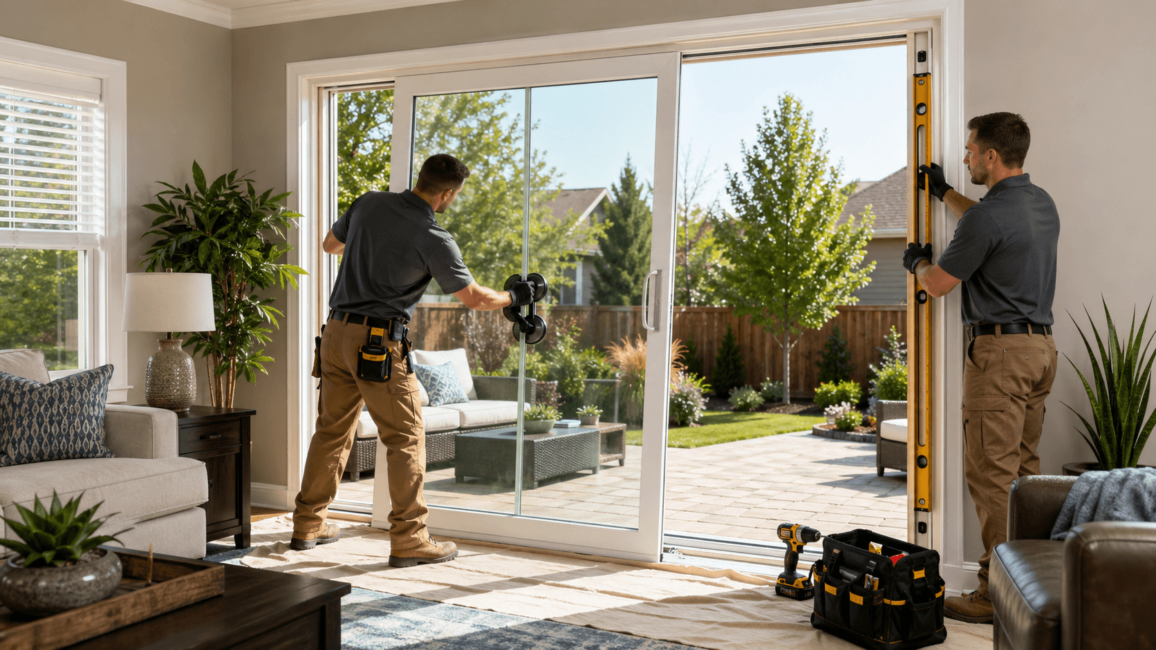 Sunlit Peoria-style home patio with a newly installed white-framed sliding glass door opening to a backyard.