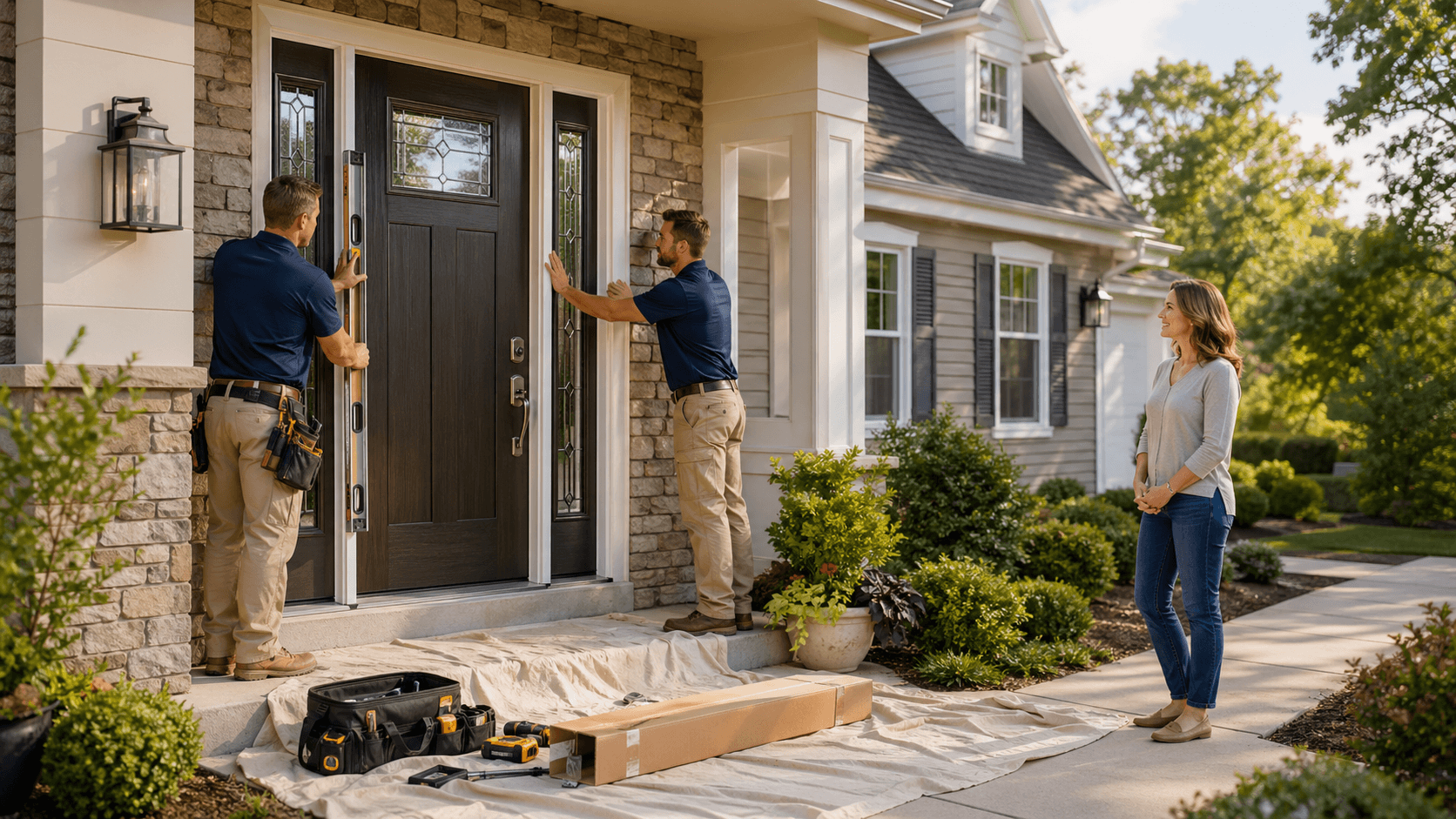 Sunlit front porch with a modern wooden door, black hardware, sidelights, and potted plants by a brick entry.