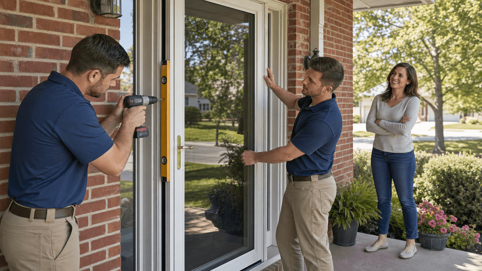 Installer in work gloves fits a white storm door onto a tan house entryway in bright daylight