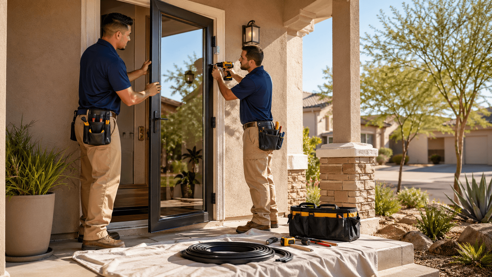 Contractor in a tool belt installs a glass storm door on a red brick home in bright daylight.
